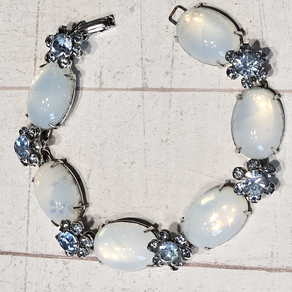 Beautiful Lite Blue Rhinestone & White Moonstone Bracelet - Hattie Carnegie